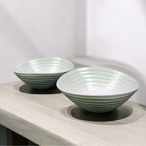 2 Portmeirion Sophie Conran Celadon Green Cereal Bowls 7.25" Ring Oval Ribbed